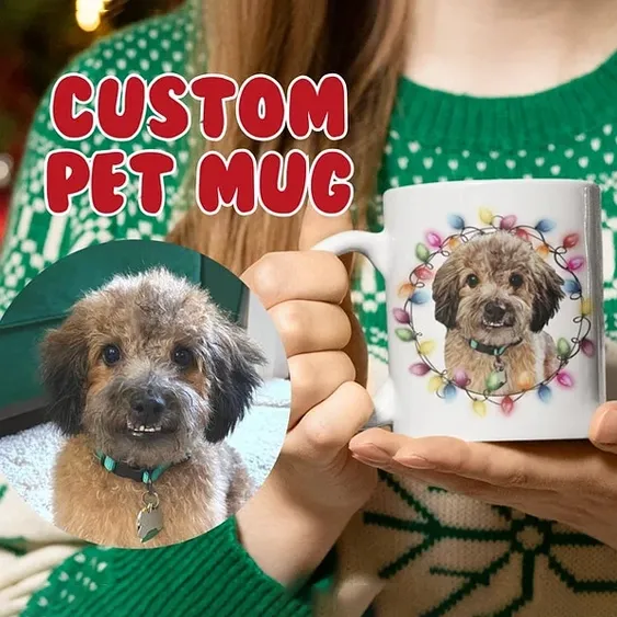 Custom Sketched Pet Mug - Custom Pet Portrait Mug, Pet Illustration, Christmas Mug, Holiday Mug