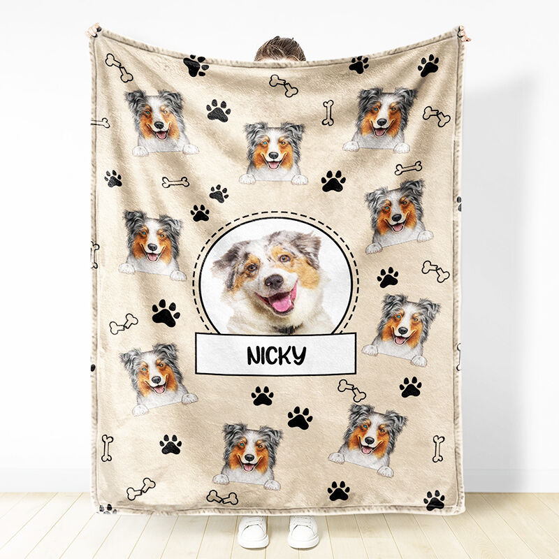 Personalized Picture Blanket with Bones And Footprints Pattern Cute Present for Pet Lover