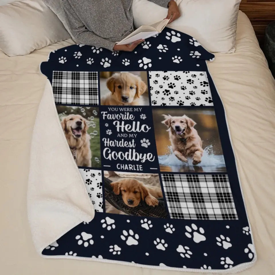 Personalized Memorial Blanket – 'My Favorite Hello, Hardest Goodbye' Custom Photo Blanket – Pet Loss Sympathy Gift for Pet Owners