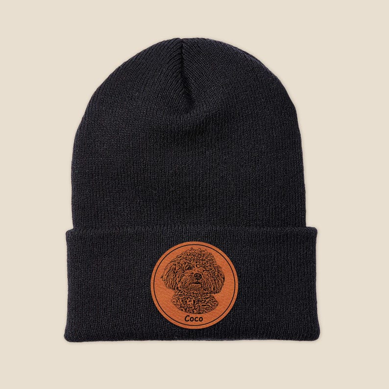 Custom Dog Portrait Beanie, Dog Photo Engraved on Leather Patch Winter