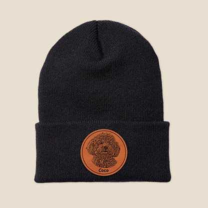 Custom Dog Portrait Beanie, Dog Photo Engraved on Leather Patch Winter