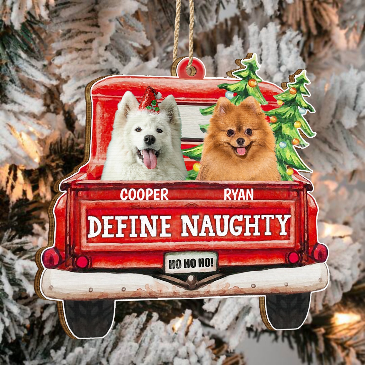 Custom Photo Pet Lovers Red Truck Define Naughty, Personalized Custom Shaped Wooden Ornament