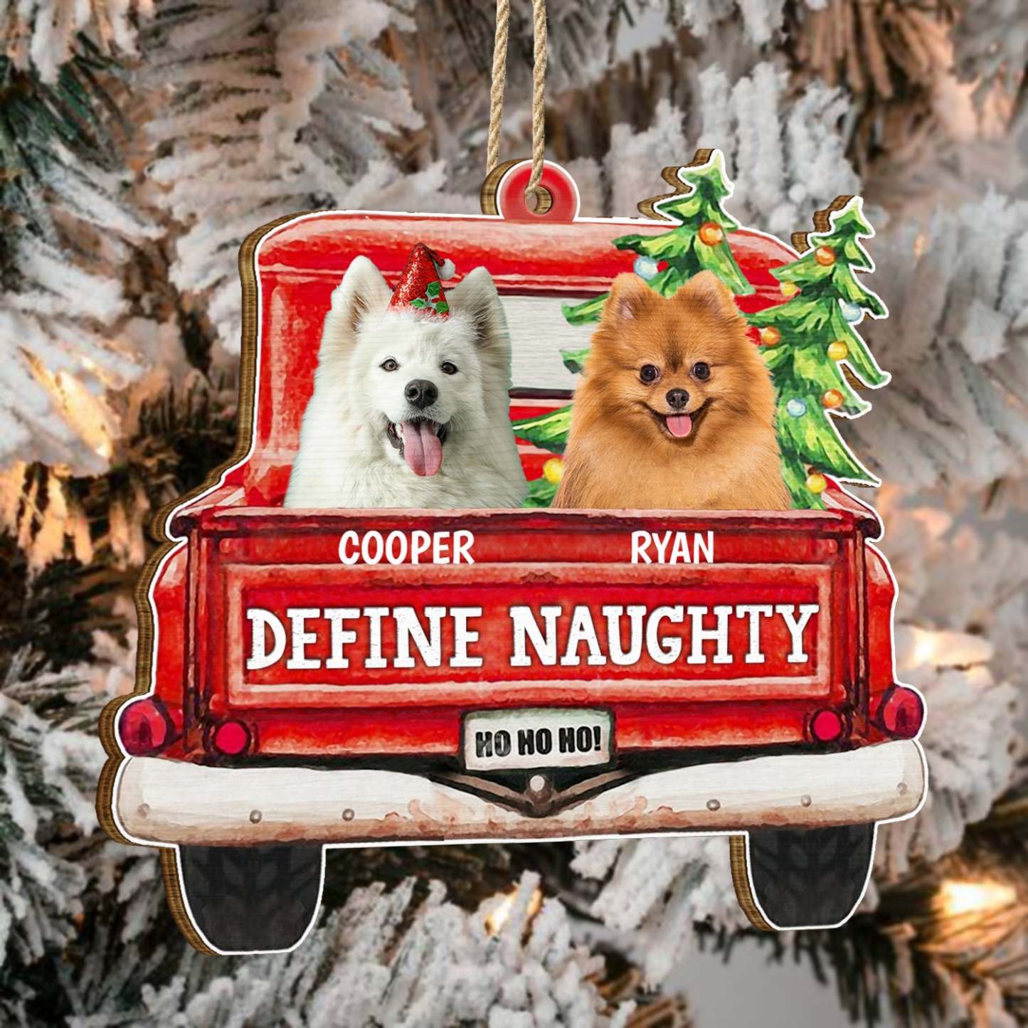 Custom Photo Pet Lovers Red Truck Define Naughty, Personalized Custom Shaped Wooden Ornament