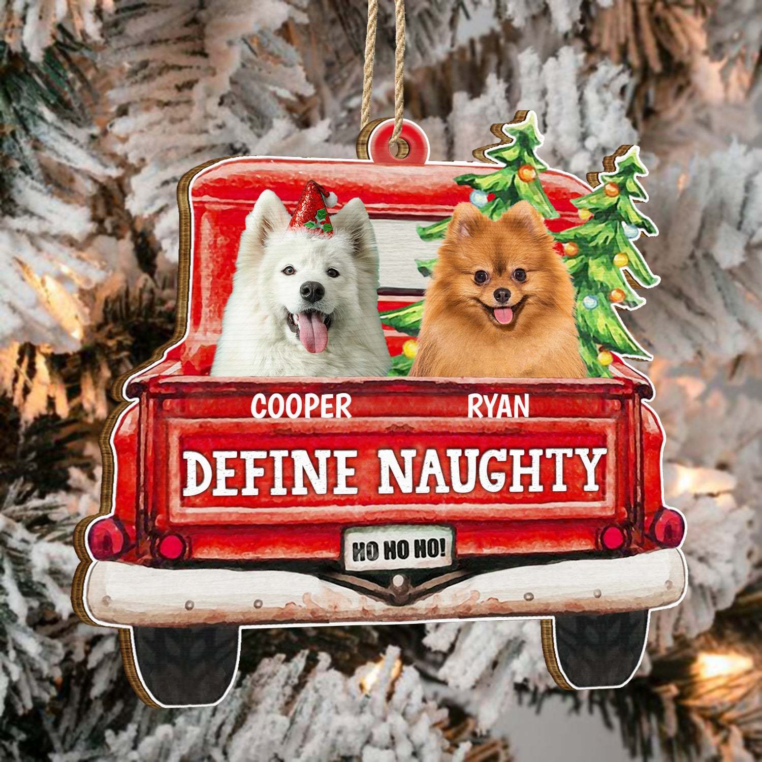 Custom Photo Pet Lovers Red Truck Define Naughty, Personalized Custom Shaped Wooden Ornament