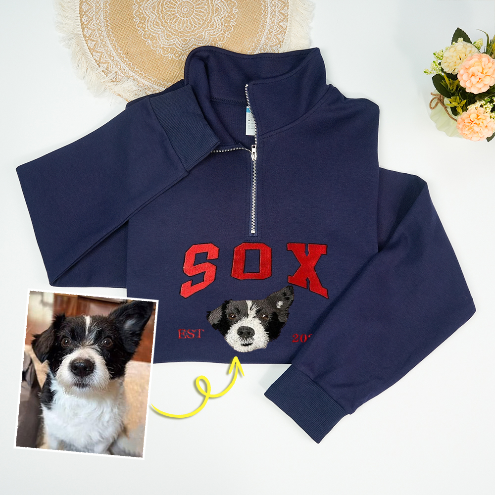 Custom Premium Handcrafted Pet Photo Embroidery with Pet Name Quarter-Zip Sweatshirt