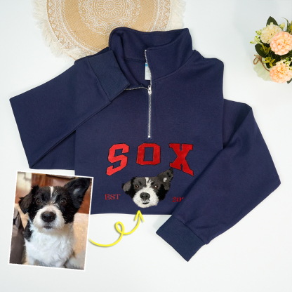 Custom Premium Handcrafted Pet Photo Embroidery with Pet Name Quarter-Zip Sweatshirt