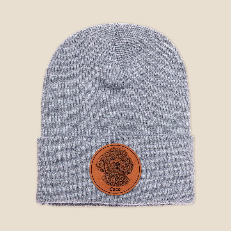 Custom Dog Portrait Beanie, Dog Photo Engraved on Leather Patch Winter Beanie Hat