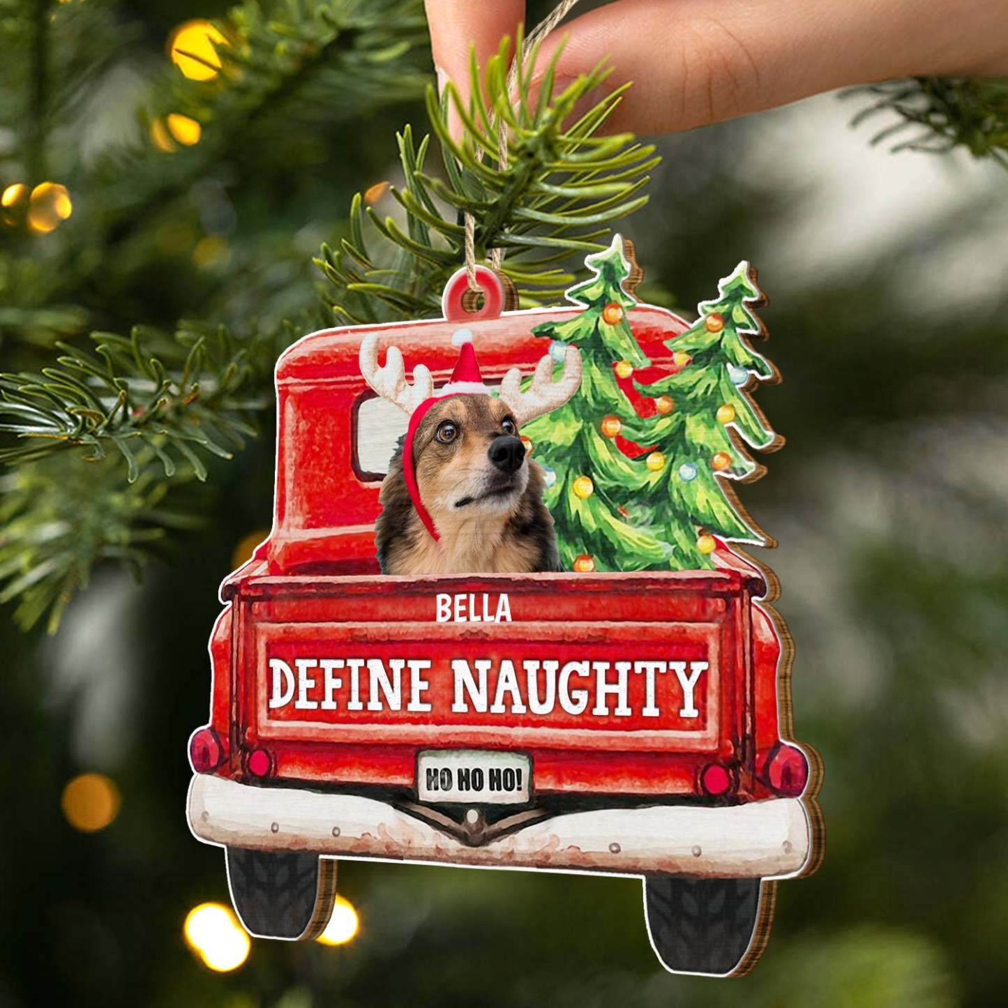 Custom Photo Pet Lovers Red Truck Define Naughty, Personalized Custom Shaped Wooden Ornament