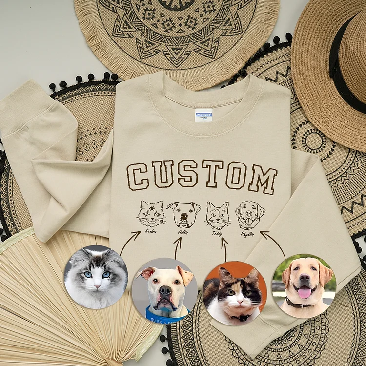Personalized Pet Face Embroidered Sweatshirt Hoodie T-shirt With Custom Text