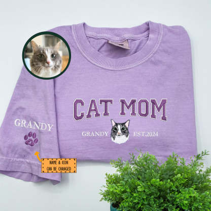 Custom Embroidered Varsity Cat Mom T-Shirt