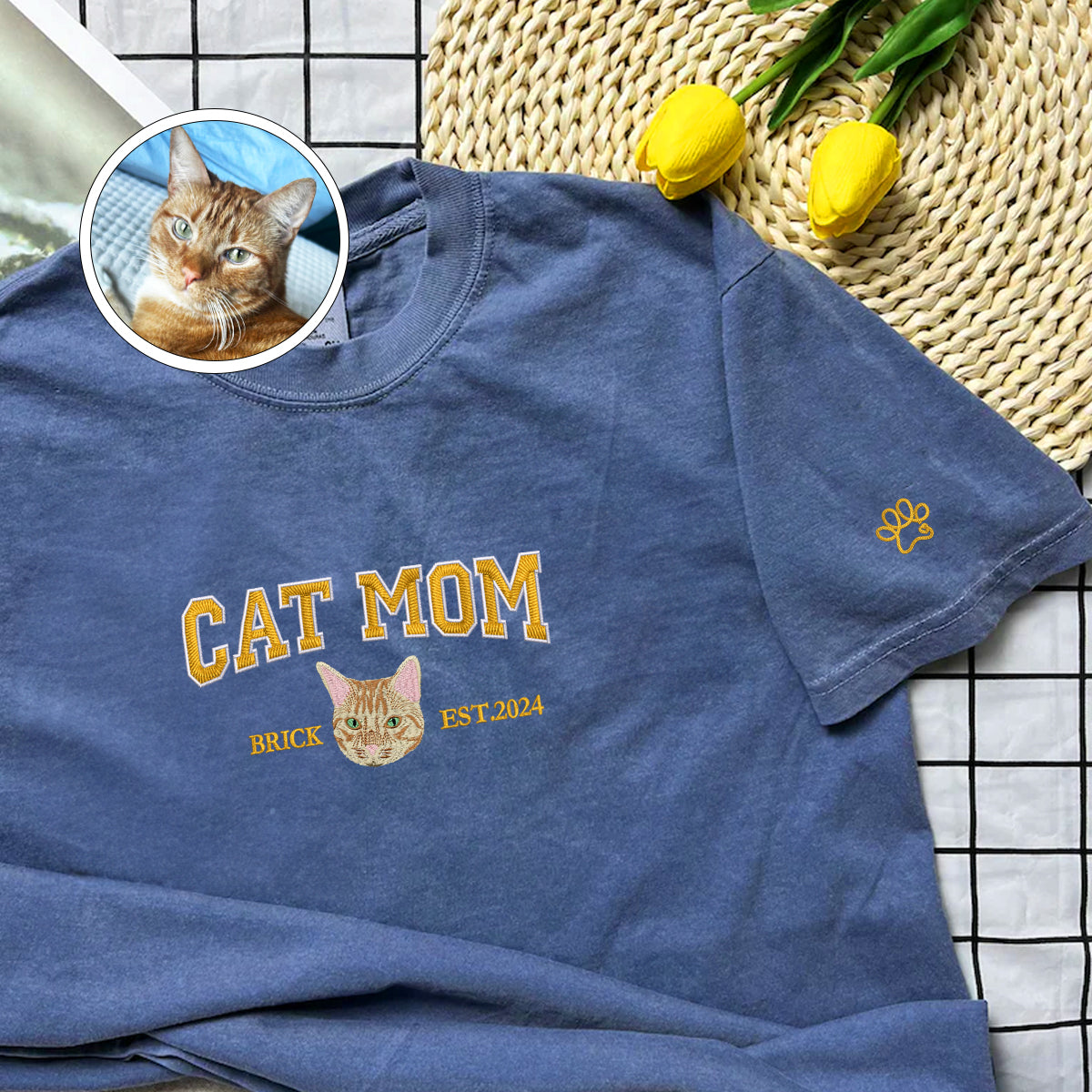 Custom Embroidered Varsity Cat Mom T-Shirt