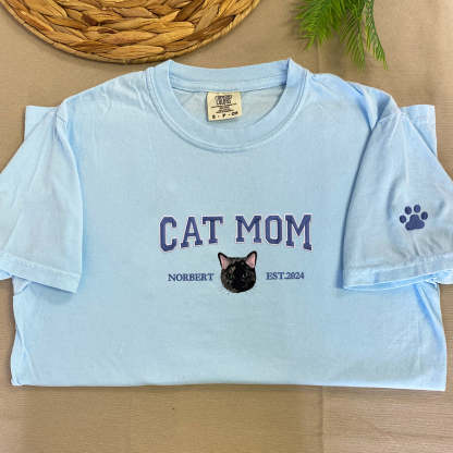 Custom Embroidered Varsity Cat Mom T-Shirt