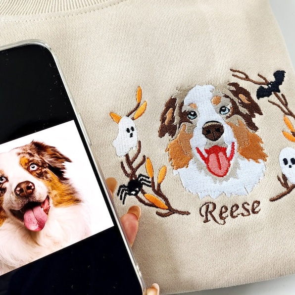 🎃🐾Custom Embroidered Halloween Dog Sweatshirt from Your Photo with Wreath | Halloween Gift