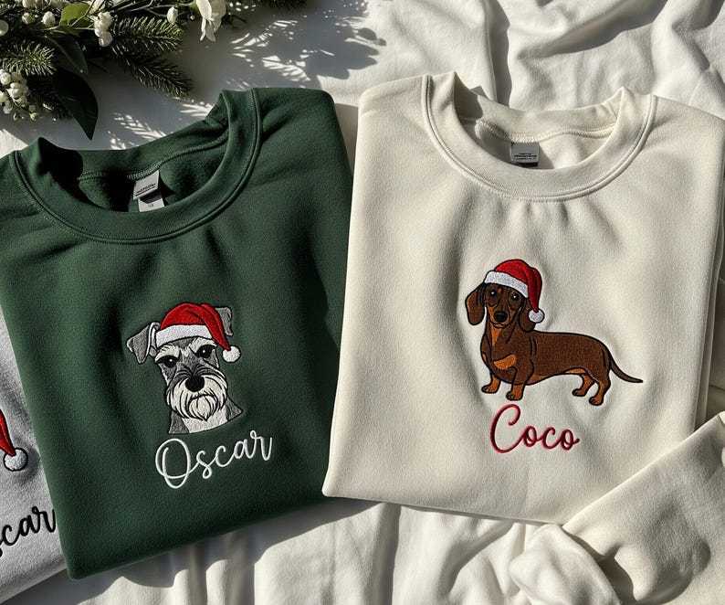 Custom Dog Christmas Sweatshirt, Embroidered Pet Name Gift, Santa Hat Dog Lover Holiday Shirt