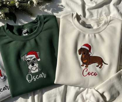 Custom Dog Christmas Sweatshirt, Embroidered Pet Name Gift, Santa Hat Dog Lover Holiday Shirt