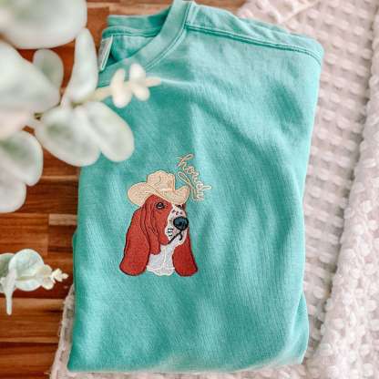 Personalized Custom Pet Portrait with Cute Hat Embroidered T-Shirt, Sweatshirt, Hoodie