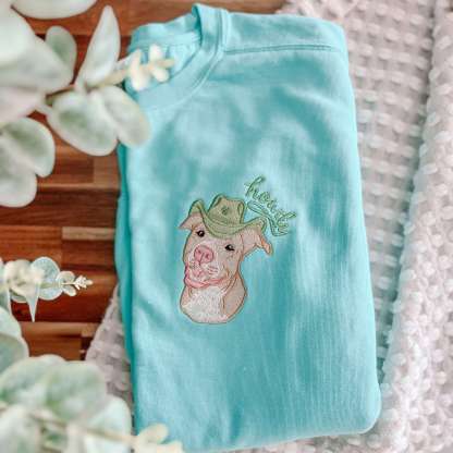 Personalized Custom Pet Portrait with Cute Hat Embroidered T-Shirt, Sweatshirt, Hoodie