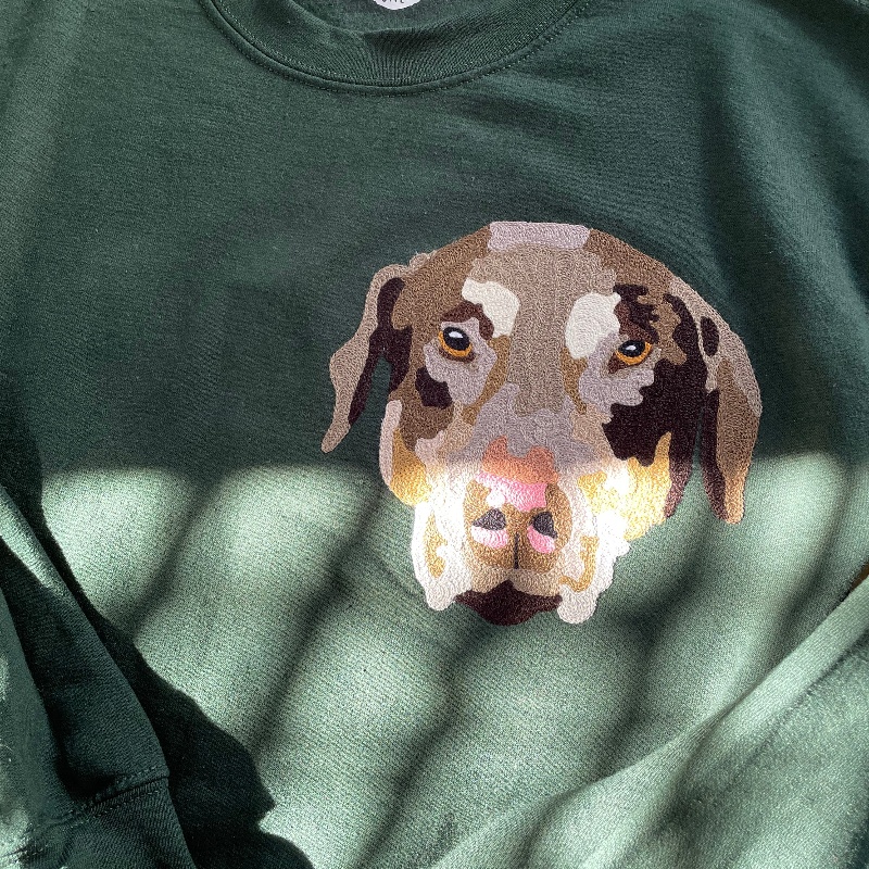 Handmade Handcranked Chainstitch Embroidered Custom Pet Portrait Sweatshirt