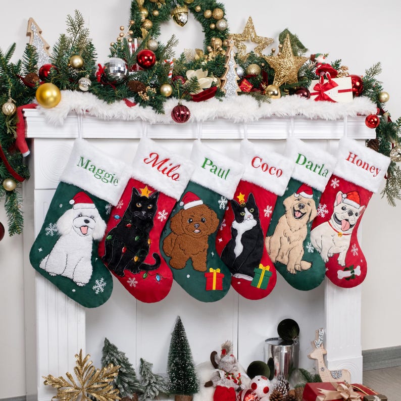 Personalized Velvet Pet Christmas Stockings with Embroidered Name – Family Holiday Decoration