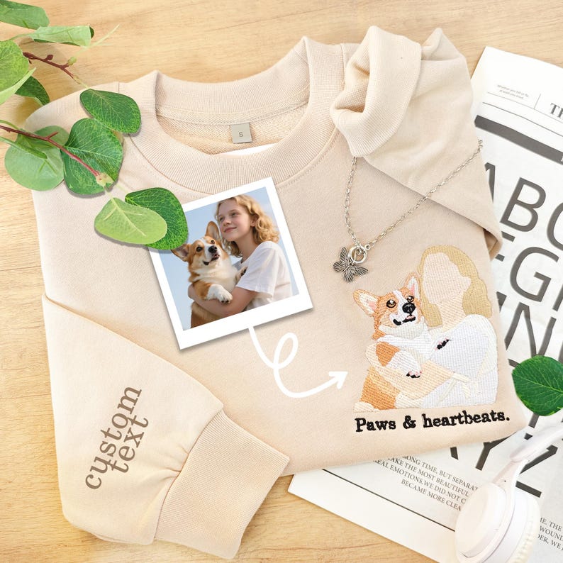 Custom Photo Embroidered Pet And Owner Portrait Sweatshirt,Gifts For Dog Owners