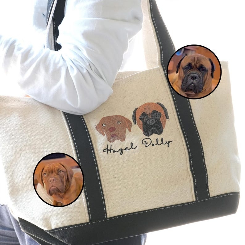 Customized Pet Face Embroidered Women's Canvas Handbag, Christmas Gift For Mom