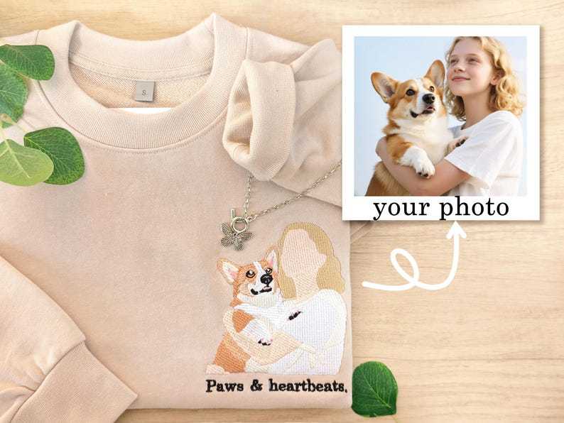 Custom Photo Embroidered Pet And Owner Portrait Sweatshirt,Gifts For Dog Owners