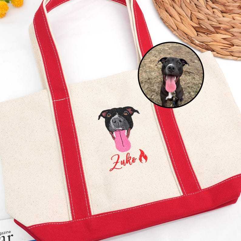 Customized Pet Face Embroidered Women's Canvas Handbag, Christmas Gift For Mom