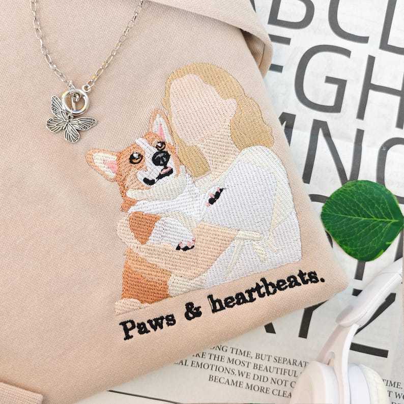 Custom Photo Embroidered Pet And Owner Portrait Sweatshirt,Gifts For Dog Owners