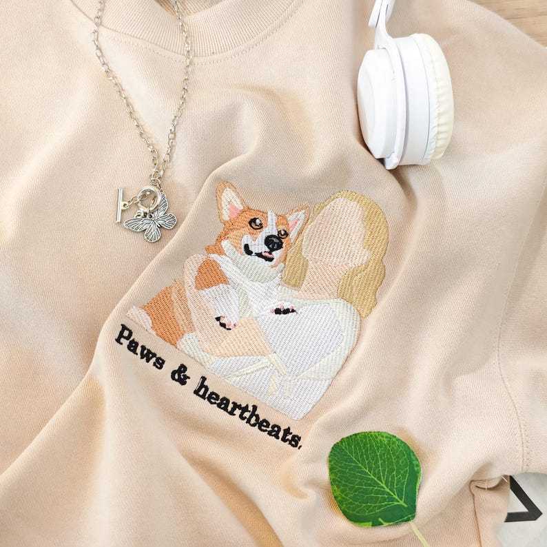Custom Photo Embroidered Pet And Owner Portrait Sweatshirt,Gifts For Dog Owners