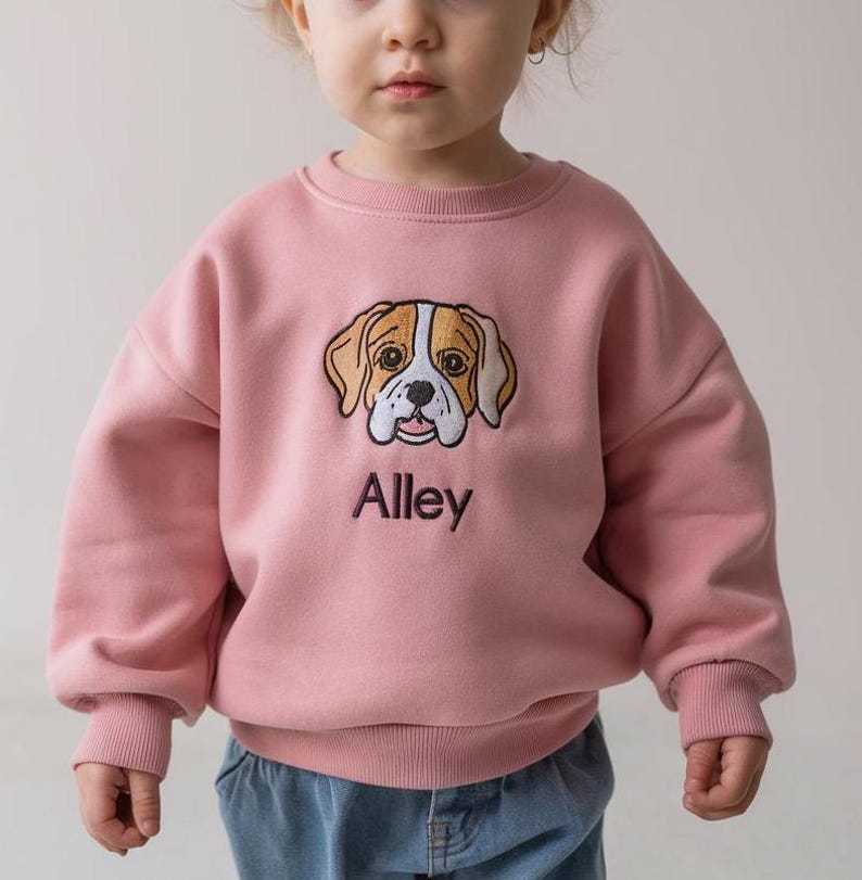 Embroidered Pet Name And Face Kids Sweatshirt, Birthday Gift For Kids