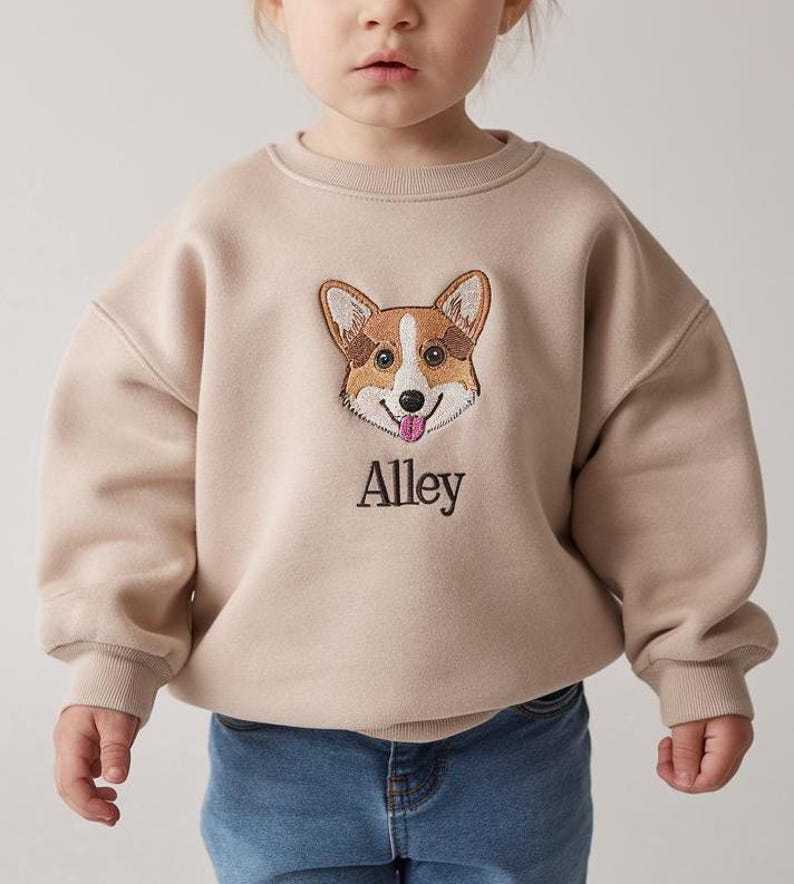 Embroidered Pet Name And Face Kids Sweatshirt, Birthday Gift For Kids