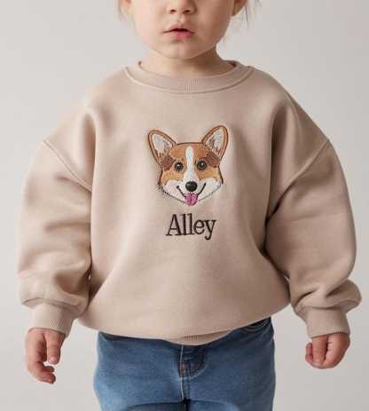 Embroidered Pet Name And Face Kids Sweatshirt, Birthday Gift For Kids