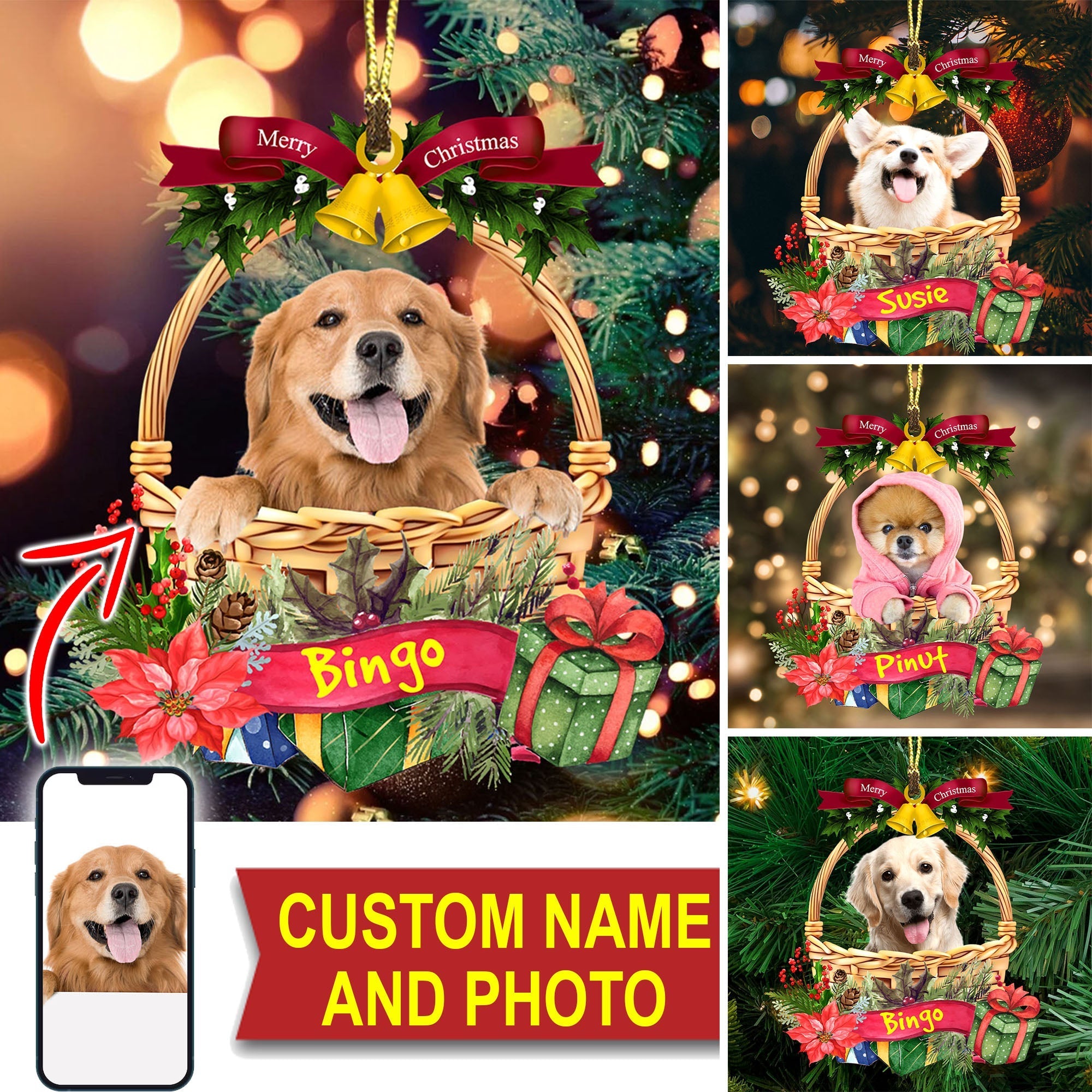 Merry Christmas Cute Pet Photo - Custom Photo And Name Personalized Acrylic Ornament - Gift For Pet Lover