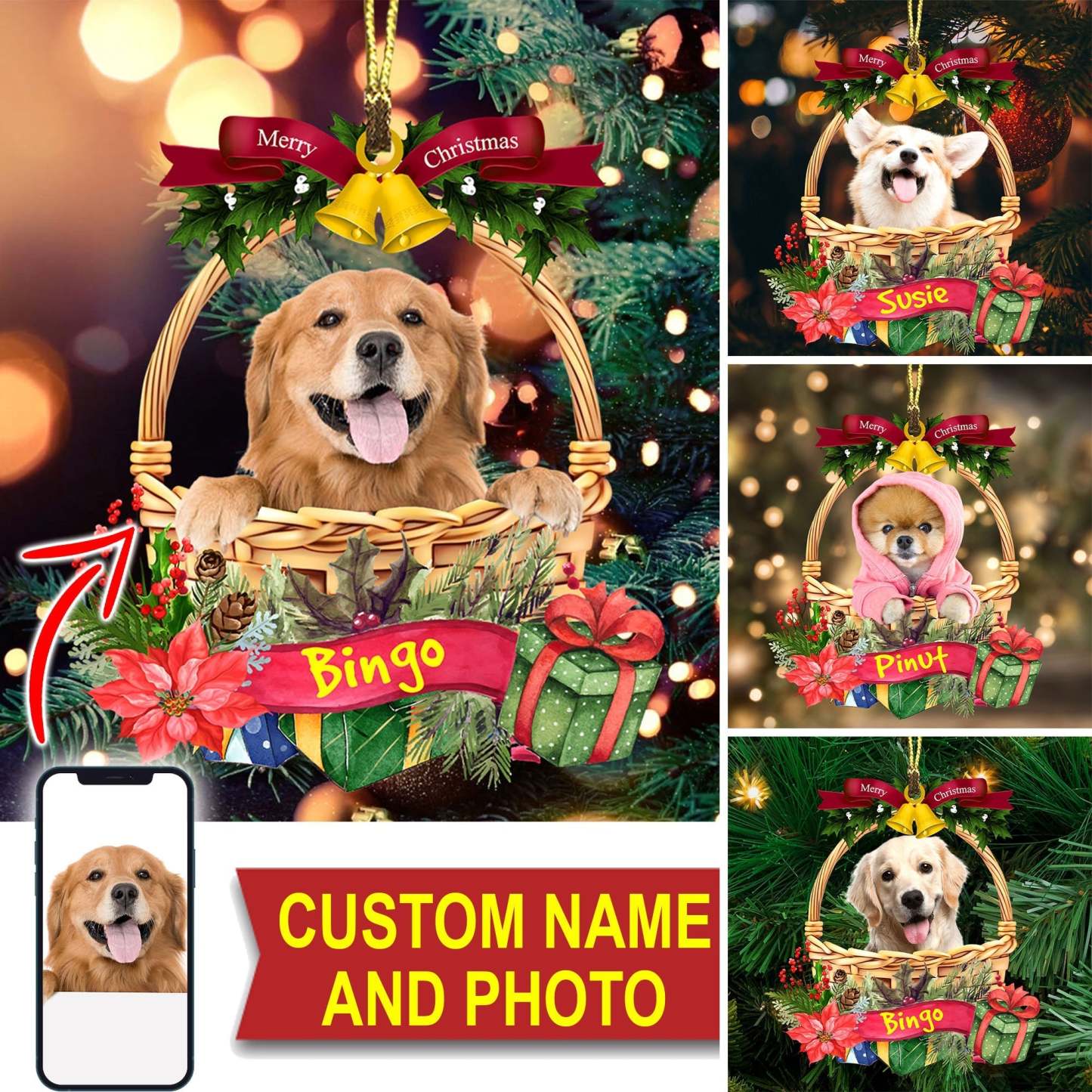 Merry Christmas Cute Pet Photo - Custom Photo And Name Personalized Acrylic Ornament - Gift For Pet Lover