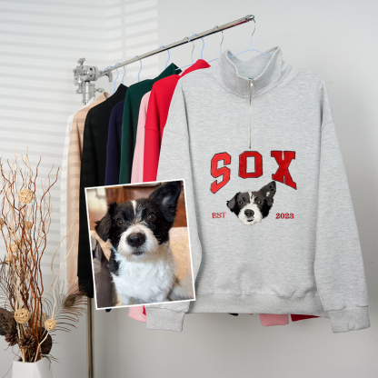 Custom Premium Handcrafted Pet Photo Embroidery with Pet Name Quarter-Zip Sweatshirt