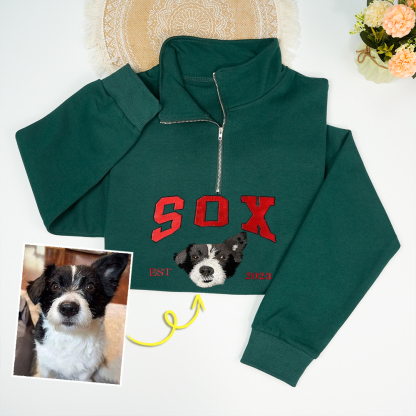 Custom Premium Handcrafted Pet Photo Embroidery with Pet Name Quarter-Zip Sweatshirt