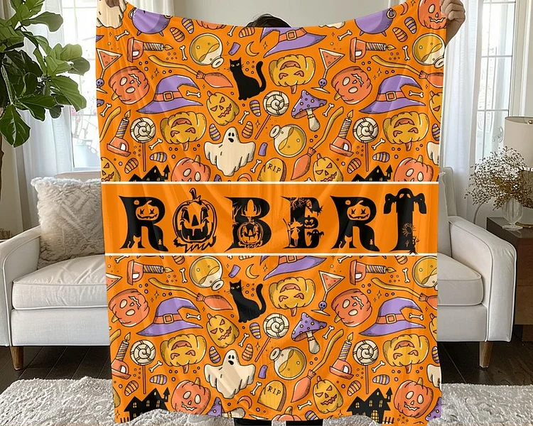 Custom Halloween Name Blanket Personalized Halloween Theme Black Cat Blanket