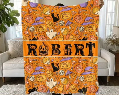 Custom Halloween Name Blanket Personalized Halloween Theme Black Cat Blanket