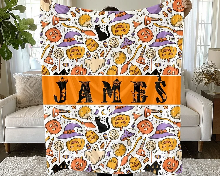 Custom Halloween Name Blanket Personalized Halloween Theme Black Cat Blanket