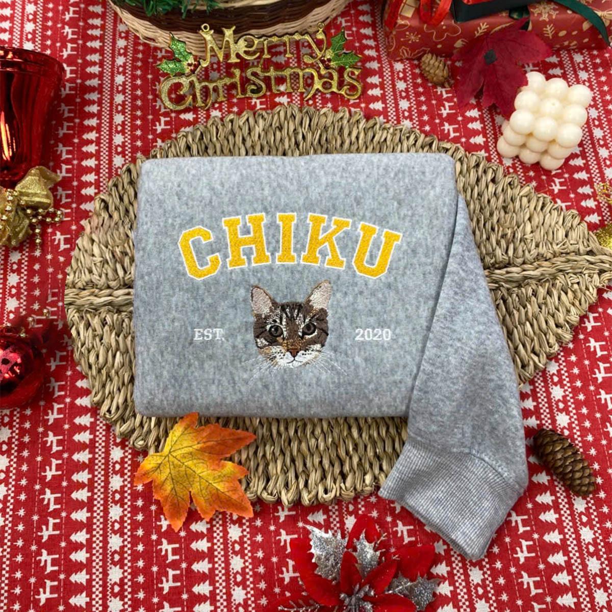 Custom Embroidered Sweatshirt with "CHIKU" Pet Portrait
