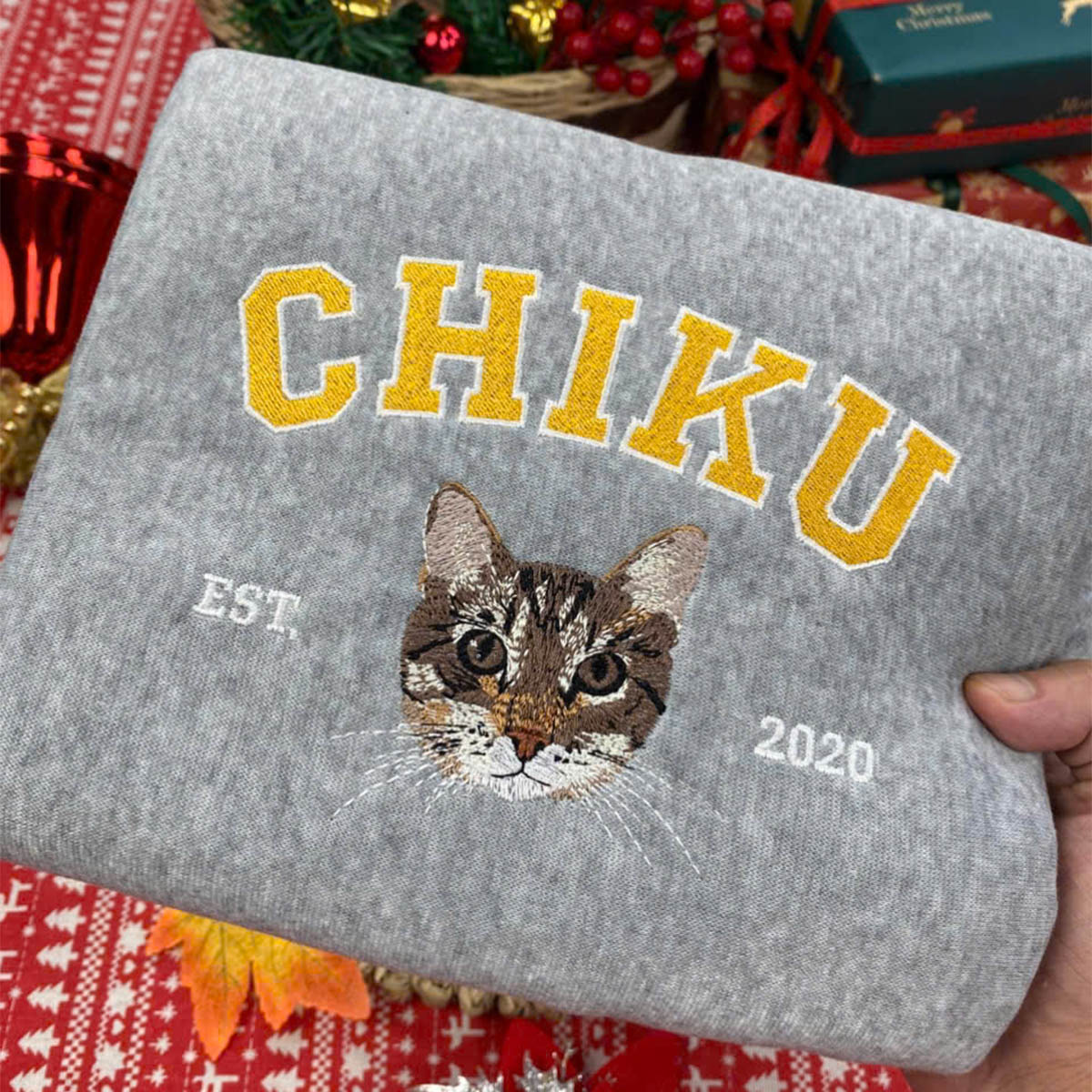 Custom Embroidered Sweatshirt with "CHIKU" Pet Portrait