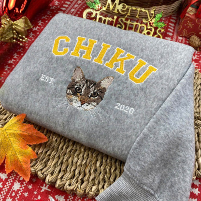 Custom Embroidered Sweatshirt with "CHIKU" Pet Portrait