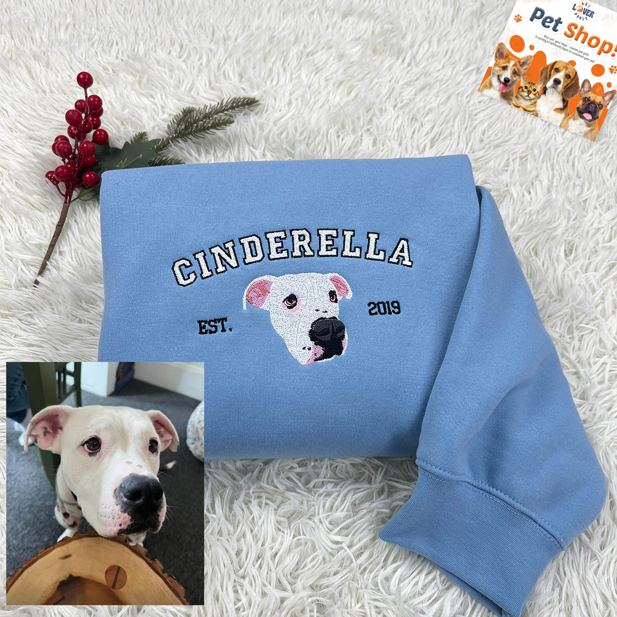 Custom Embroidered Sweatshirt with "CINDERELLA" Pet Portrait