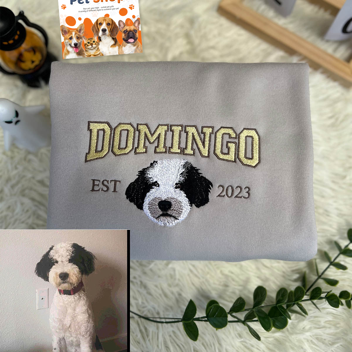 Custom Embroidered Sweatshirt with "DOMINGO" Pet Portrait