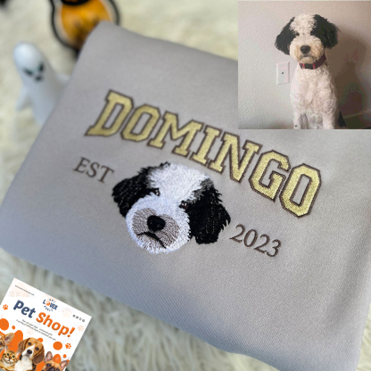 Custom Embroidered Sweatshirt with "DOMINGO" Pet Portrait
