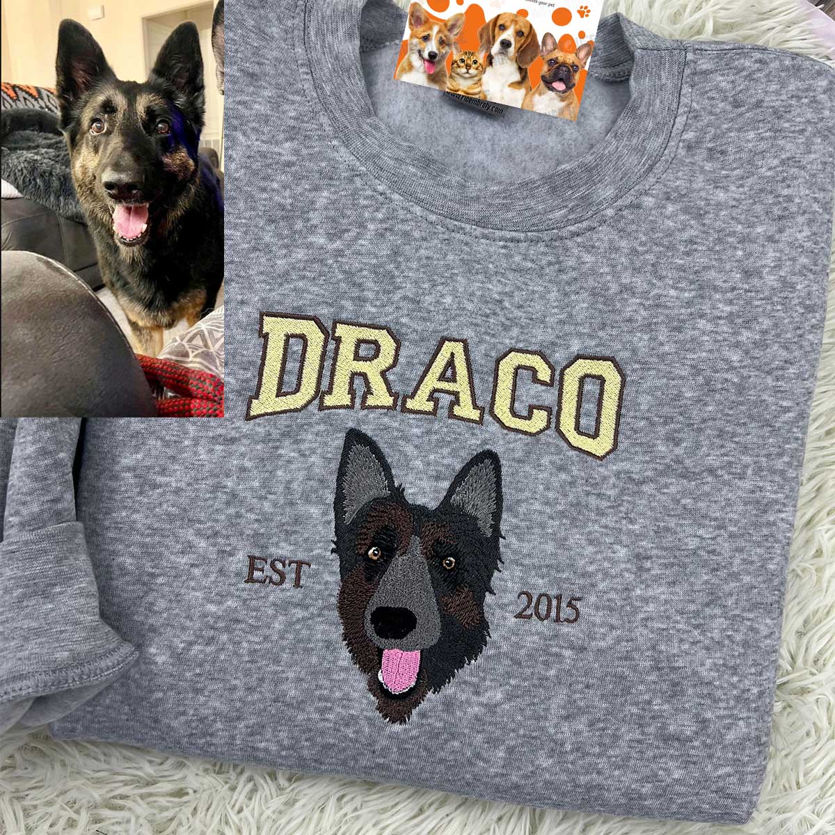Personalized Sweatshirt with "DRACO" Pet Portrait Embroidery