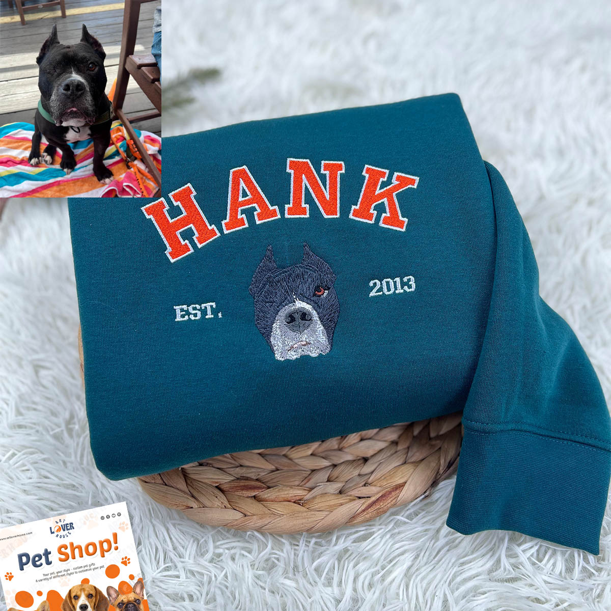 Personalized Sweatshirt with "HANK" Pet Portrait Embroidery