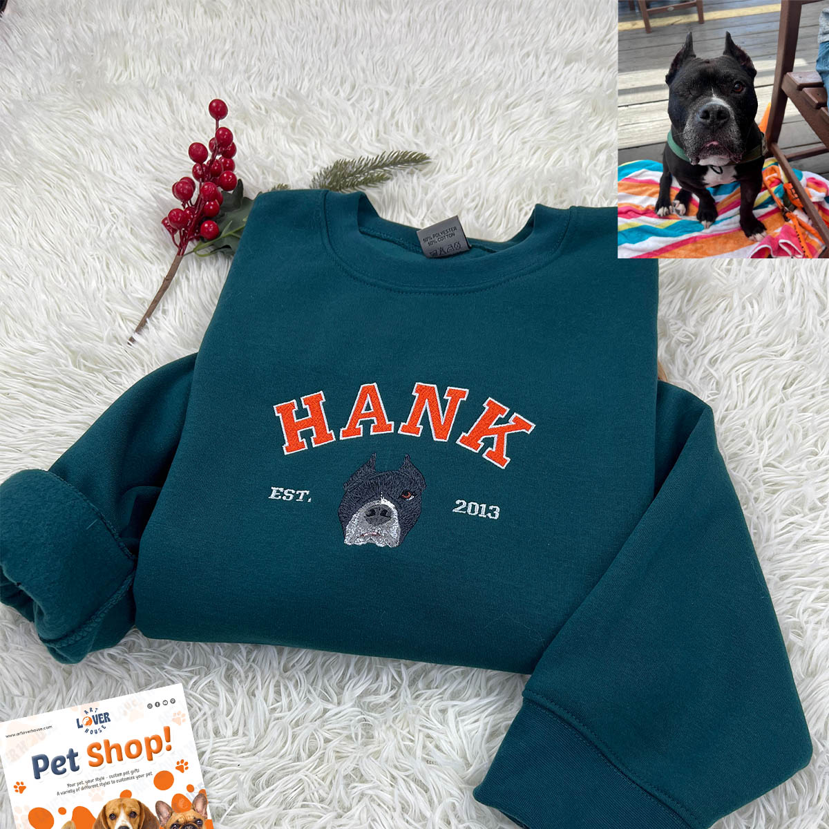 Personalized Sweatshirt with "HANK" Pet Portrait Embroidery