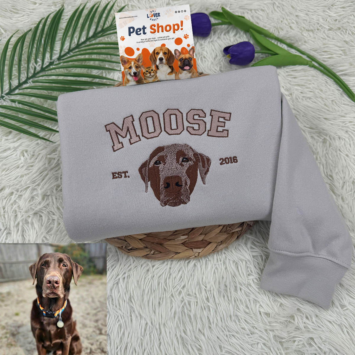 Personalized Sweatshirt with "MOOSE" Pet Portrait Embroidery