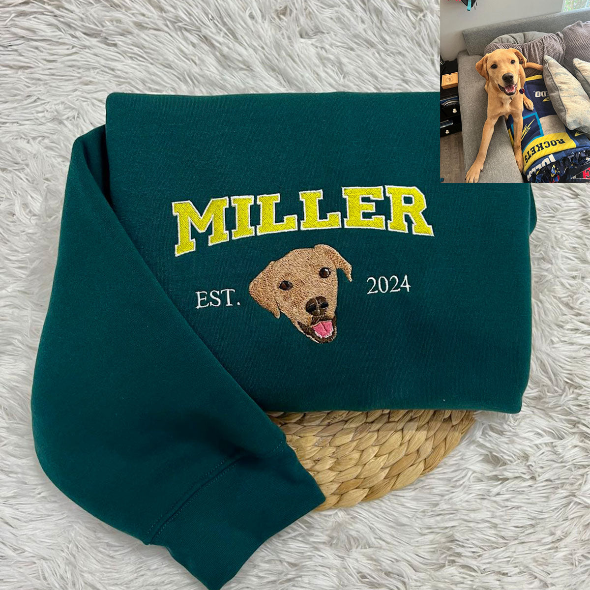 Custom Embroidered Sweatshirt with "Miller" Pet Portrait